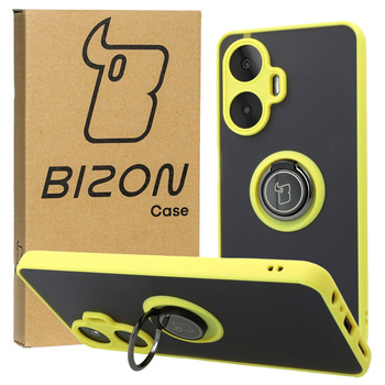 Etui z uchwytem na palec Bizon Case Hybrid Ring do Realme C55, przydymione z żółtą ramką