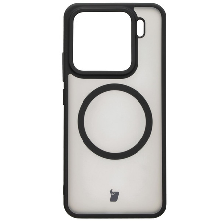 Etui z pierścieniem magnetycznym Bizon Case MatteO do Xiaomi 15, półprzezroczyste z czarną ramką