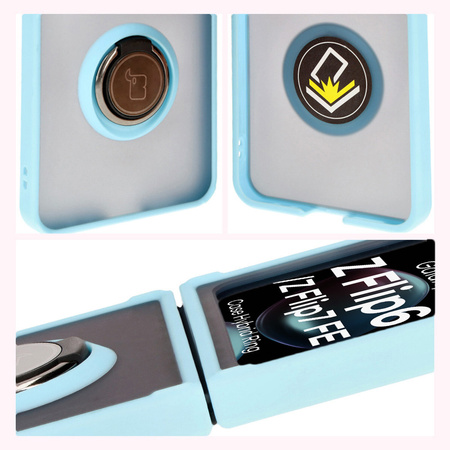 Etui z uchwytem na palec Bizon Case Hybrid Ring do Galaxy Z Flip7 FE / Z Flip6, przydymione z jasnoniebieską ramką