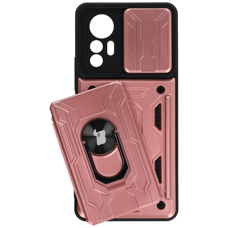 Etui Bizon Case Camshield Card Slot Ring do Xiaomi 12 Lite, jasnoróżowe