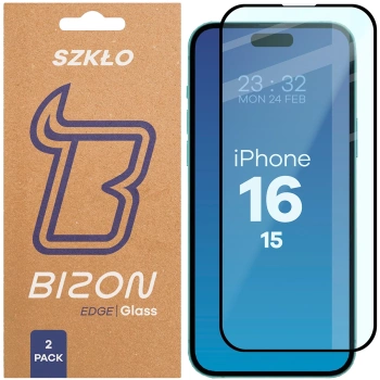 Szkło hartowane Bizon Glass Edge Duo do iPhone 15 / 16, czarna ramka, 2 sztuki