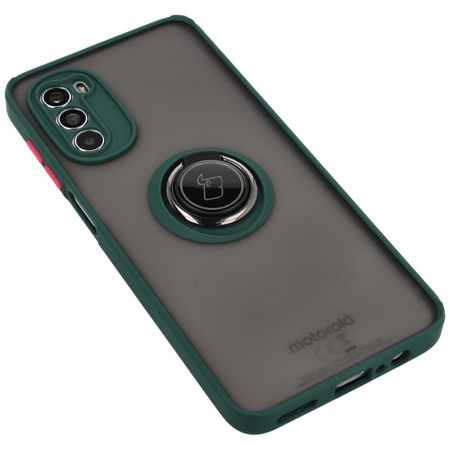 Etui z uchwytem na palec Bizon Case Hybrid Ring do Motorola Moto G52 / G82, przydymione z ciemnozieloną ramką