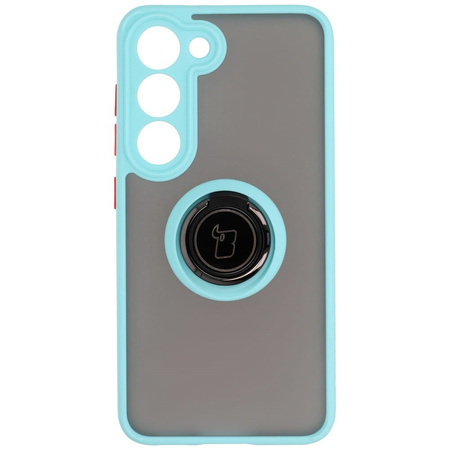 Etui z uchwytem na palec Bizon Case Hybrid Ring do Galaxy S23, przydymione z jasnoniebieską ramką