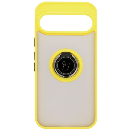 Etui z uchwytem na palec Bizon Case Hybrid Ring do Google Pixel 9 / 9 Pro, przydymione z żółtą ramką