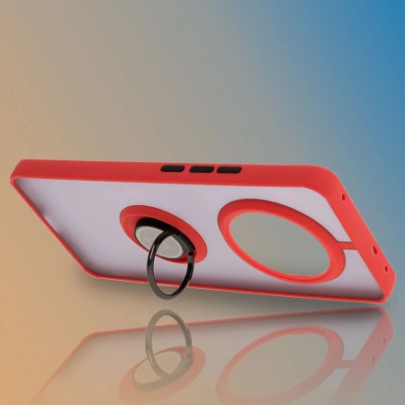 Etui z uchwytem na palec Bizon Case Hybrid Ring do Realme 14 Pro 5G, przydymione z czerwoną ramką