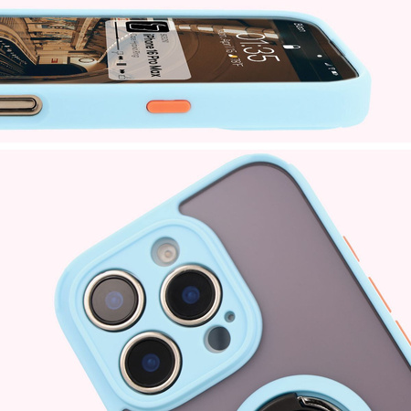 Etui z uchwytem na palec Bizon Case Hybrid Ring do iPhone 16 Pro Max, przydymione z jasnoniebieską ramką