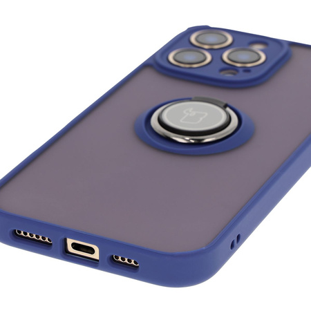 Etui z uchwytem na palec Bizon Case Hybrid Ring do iPhone 16 Pro Max, przydymione z granatową ramką