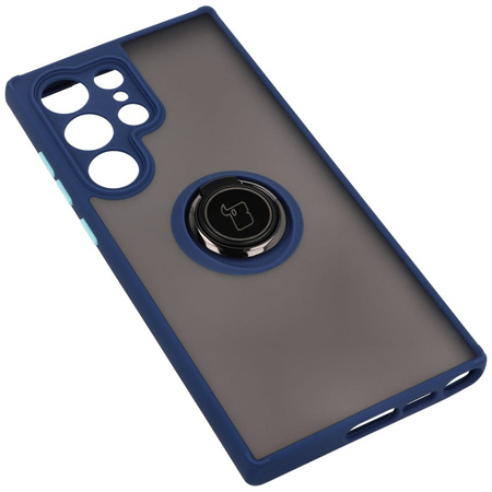 Etui z uchwytem na palec Bizon Case Hybrid Ring do Galaxy S23 Ultra, przydymione z granatową ramką