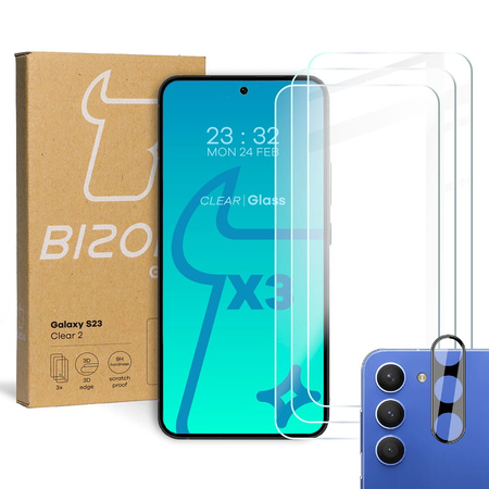 3x Szkło hartowane + szybka na aparat Bizon Glass Clear 2 Pack do Galaxy S23