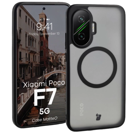 Etui z pierścieniem magnetycznym Bizon Case MatteO do Xiaomi POCO F7, przydymione-czarne