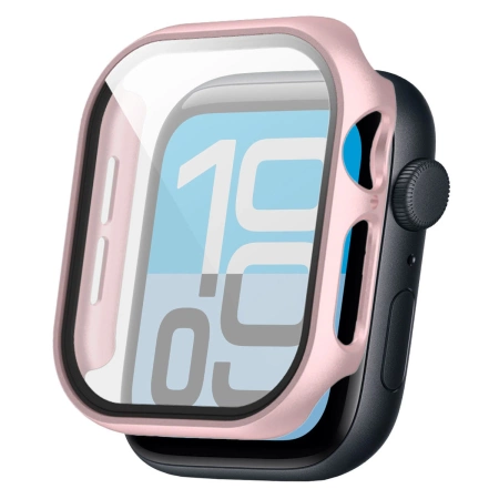 Etui ze szkłem do zegarka Bizon Case Watch Adamo do Apple Watch SE 3 / SE 2 / SE / 6 / 5 / 4 (44 mm), satynowo różowe