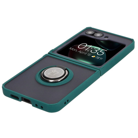 Etui z uchwytem na palec Bizon Case Hybrid Ring do Galaxy Z Flip6, przydymione z ciemnozieloną ramką