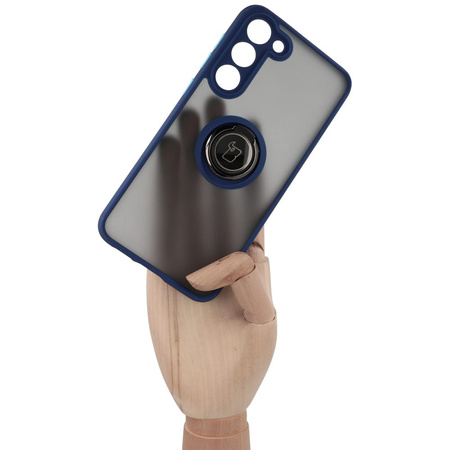 Etui z uchwytem na palec Bizon Case Hybrid Ring do Galaxy S23 Plus, przydymione z granatową ramką