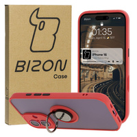 Etui z uchwytem na palec Bizon Case Hybrid Ring do iPhone 16, przydymione z czerwoną ramką