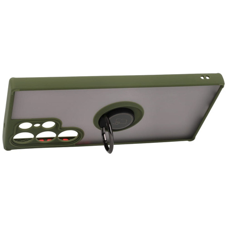 Etui z uchwytem na palec Bizon Case Hybrid Ring do Galaxy S23 Ultra, przydymione z zieloną ramką