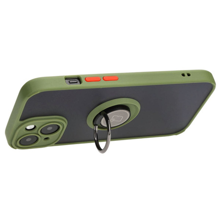 Etui z uchwytem na palec Bizon Case Hybrid Ring do iPhone 15, przydymione z zieloną ramką