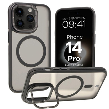 Etui z podstawką i pierścieniem magnetycznym Bizon Case Eclipse do iPhone 14 Pro, przydymione z czarną ramką
