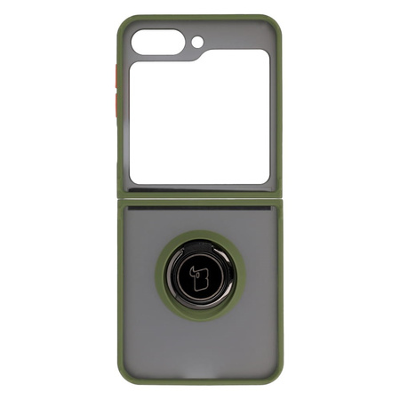 Etui z uchwytem na palec Bizon Case Hybrid Ring do Galaxy Z Flip5, przydymione z zieloną ramką