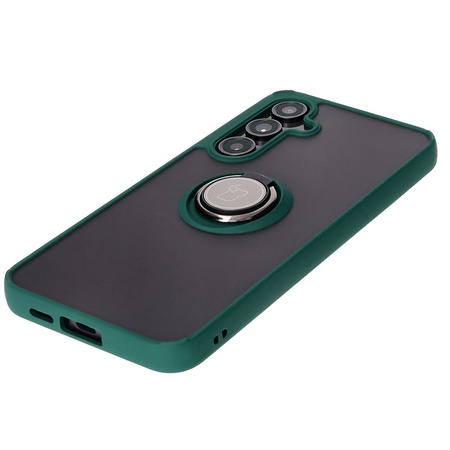 Etui z uchwytem na palec Bizon Case Hybrid Ring do Galaxy S24 FE, przydymione z ciemnozieloną ramką