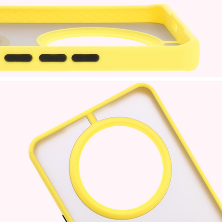 Etui z uchwytem na palec Bizon Case Hybrid Ring do Honor Magic7 Lite, przydymione z żółtą ramką