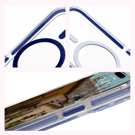 Etui z pierścieniem magnetycznym Bizon Case Marco do iPhone 15 Pro, przezroczyste z niebieską ramką