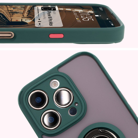 Etui z uchwytem na palec Bizon Case Hybrid Ring do iPhone 16 Pro Max, przydymione z ciemnozieloną ramką