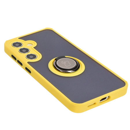 Etui z uchwytem na palec Bizon Case Hybrid Ring do Galaxy S25 / S24, przydymione z żółtą ramką
