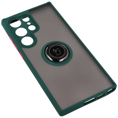 Etui z uchwytem na palec Bizon Case Hybrid Ring do Galaxy S23 Ultra, przydymione z ciemnozieloną ramką