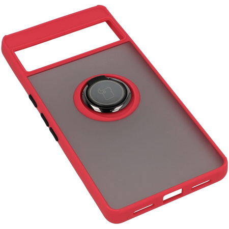 Etui z uchwytem na palec Bizon Case Hybrid Ring do Google Pixel 7 Pro, przydymione z czerwoną ramką