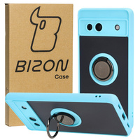 Etui z uchwytem na palec Bizon Case Hybrid Ring do Google Pixel 7A, przydymione z jasnoniebieską ramką