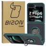 Etui z uchwytem na palec Bizon Case Hybrid Ring do Galaxy Z Flip6, przydymione z ciemnozieloną ramką