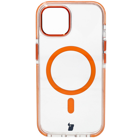 Etui z pierścieniem magnetycznym Bizon Case Marco do iPhone 15, przezroczyste z pomarańczową ramką