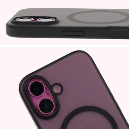 Etui z pierścieniem magnetycznym Bizon Case MatteO do iPhone 16, półprzezroczyste z czarną ramką