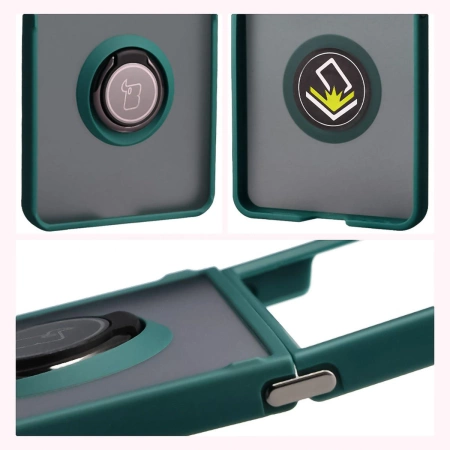 Etui z uchwytem na palec Bizon Case Hybrid Ring do Galaxy Z Flip7, przydymione z ciemnozieloną ramką