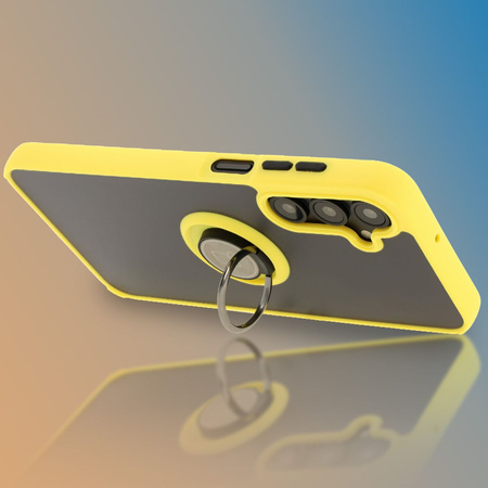Etui z uchwytem na palec Bizon Case Hybrid Ring do Galaxy A16 4G/5G, przydymione z żółtą ramką