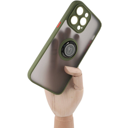 Etui z uchwytem na palec Bizon Case Hybrid Ring do iPhone 14 Pro Max, przydymione z zieloną ramką