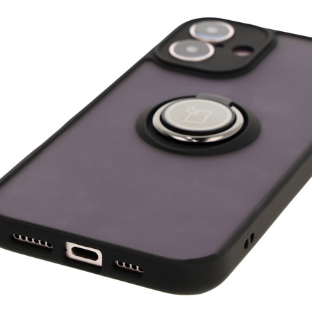 Etui z uchwytem na palec Bizon Case Hybrid Ring do iPhone 16 Plus, przydymione z czarną ramką