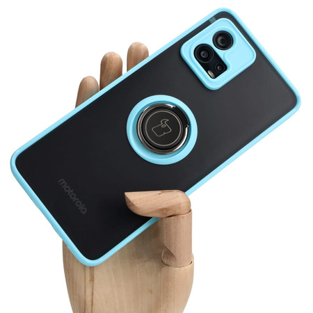 Etui z uchwytem na palec Bizon Case Hybrid Ring do Motorola Moto G72, przydymione z jasnoniebieską ramką