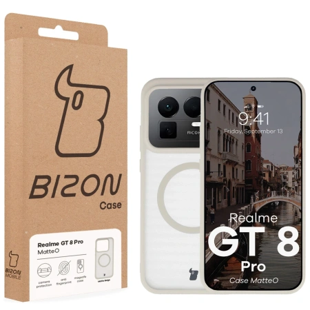 Etui z pierścieniem magnetycznym Bizon Case MatteO do Realme GT 8 Pro, przydymione-beżowe