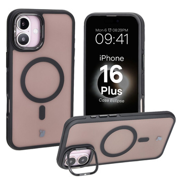 Etui z podstawką i pierścieniem magnetycznym Bizon Case Eclipse do iPhone 16 Plus,  przydymione z czarną ramką