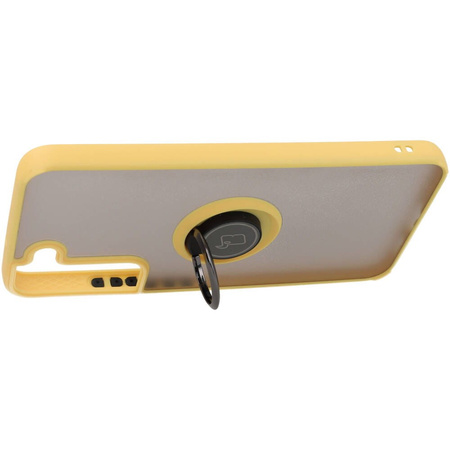 Etui z uchwytem na palec Bizon Case Hybrid Ring do Galaxy S22 Plus, przydymione z żółtą ramką