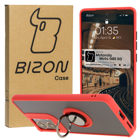 Etui z uchwytem na palec Bizon Case Hybrid Ring do Motorola Moto G85 5G, przydymione z czerwoną ramką