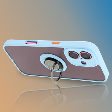 Etui z uchwytem na palec Bizon Case Hybrid Ring do iPhone 16, przydymione z jasnoniebieską ramką