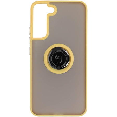 Etui z uchwytem na palec Bizon Case Hybrid Ring do Galaxy S22 Plus, przydymione z żółtą ramką
