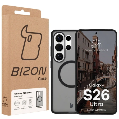 Etui z pierścieniem magnetycznym Bizon Case MatteO do Galaxy S26 Ultra, przydymione-czarne