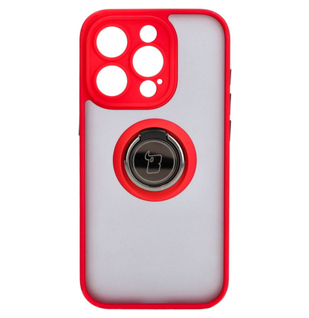 Etui z uchwytem na palec Bizon Case Hybrid Ring do iPhone 15 Pro, przydymione z czerwoną ramką