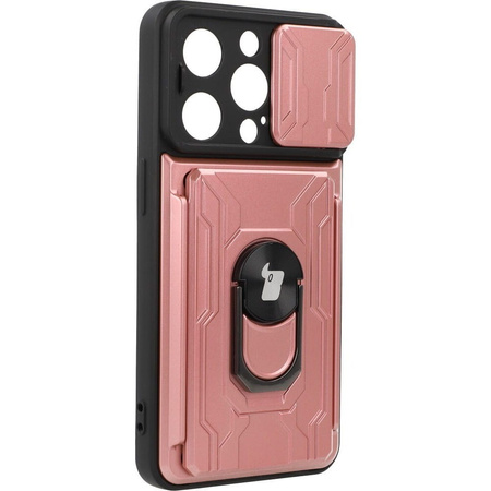 Etui Bizon Case Camshield Card Slot Ring do iPhone 14 Pro, jasnoróżowe