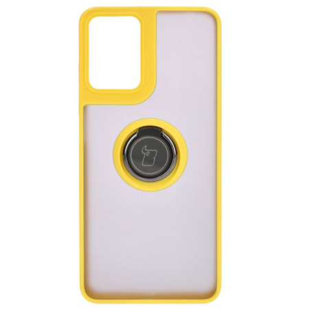 Etui z uchwytem na palec Bizon Case Hybrid Ring do Motorola Moto G04 / G24 / G24 Power, przydymione z żółtą ramką