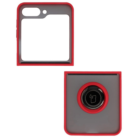 Etui z uchwytem na palec Bizon Case Hybrid Ring do Galaxy Z Flip5, przydymione z czerwoną ramką
