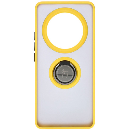 Etui z uchwytem na palec Bizon Case Hybrid Ring do Realme 12 Pro / 12 Pro+, przydymione z żółtą ramką